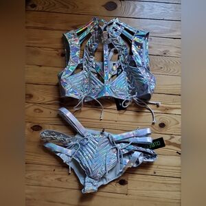 NWT club exx Iridescent Silver Strappy Bra Set